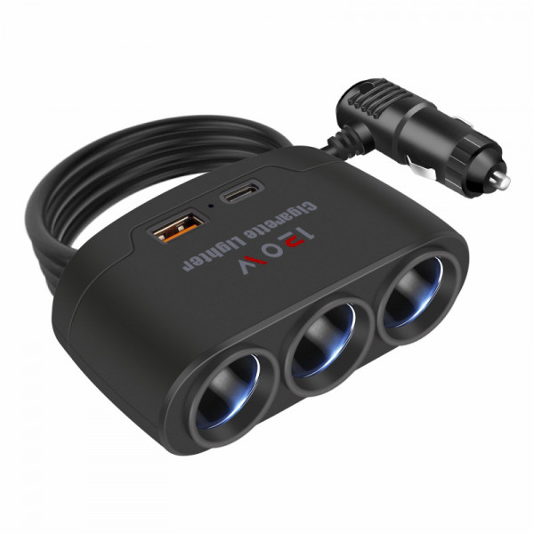 Тройник в прикуриватель 3 гнезда + 1usb + 1Type-C